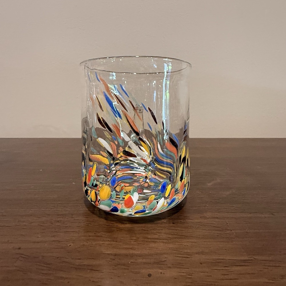 Hand Blown Art Glass Mug Multicolor Confetti Frit Clear Handle Studio Glass 4.5" - Picture 7 of 8